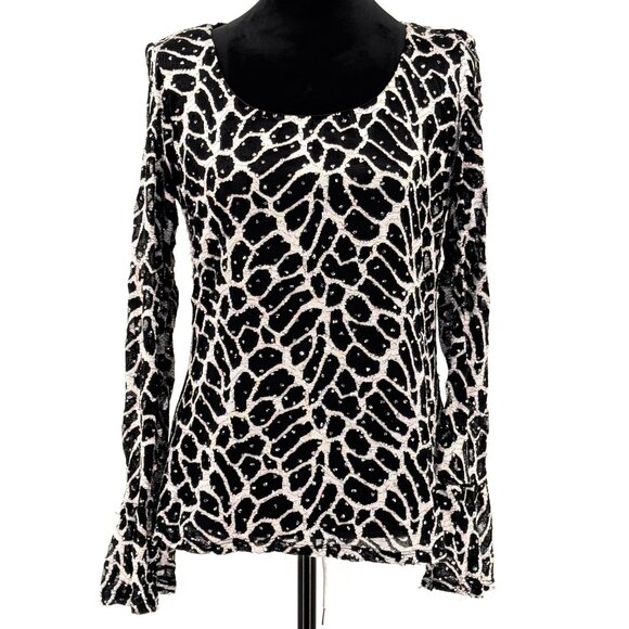 INC Sheer Animal Print Top‎ Womens L Sequins Stretch Fairy Grunge Bell Sleeves - Picture 1 of 8